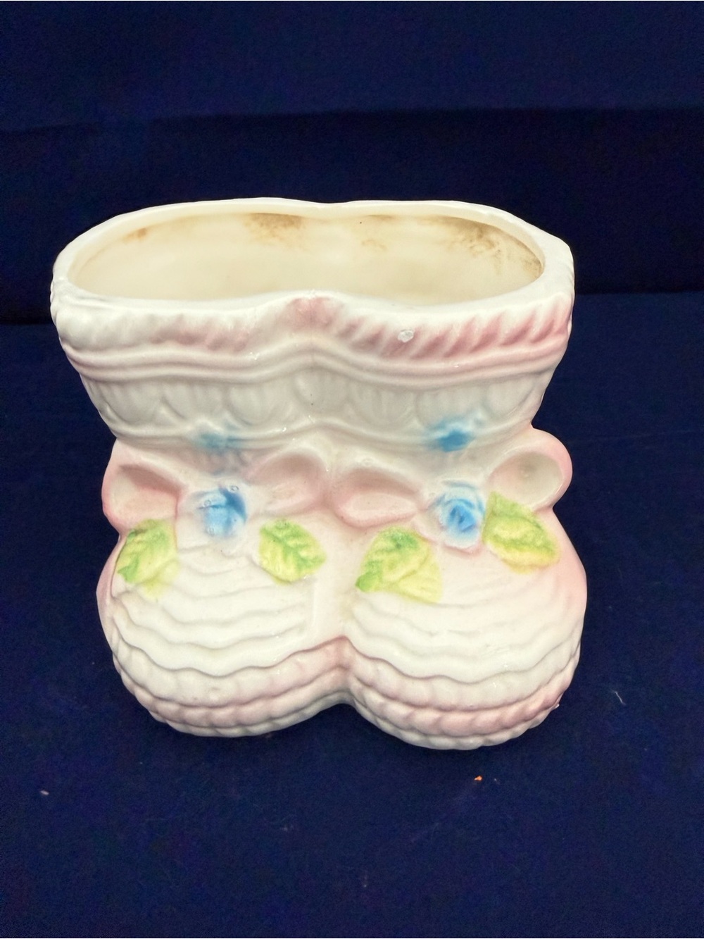 Vintage Ceramic Baby Booties Planter - Pink with Blue & Green Floral Accents